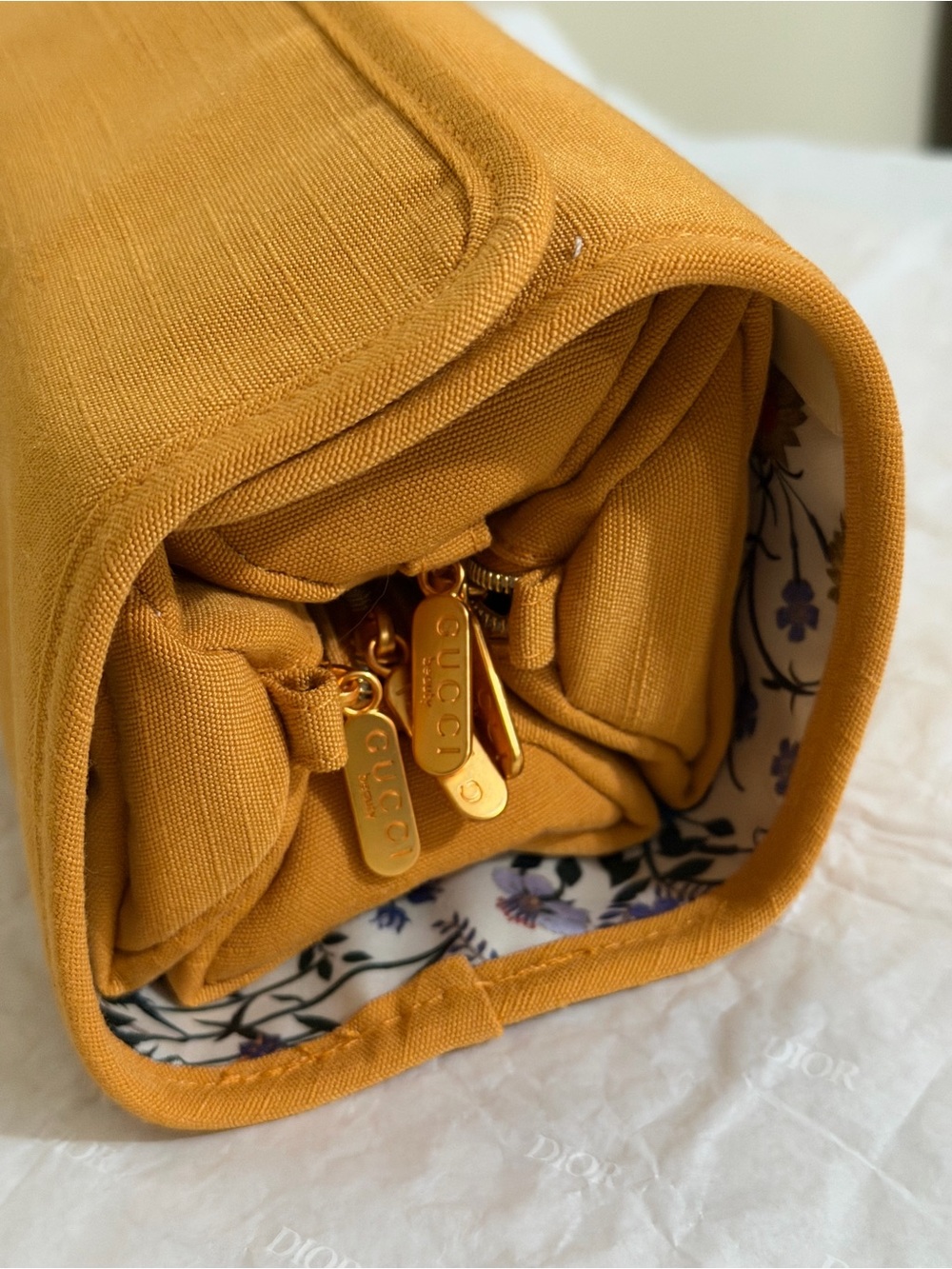 Brand new Gucci mustard yellow beauty travel Pouch with Gold Logo - Picture 3 of 17
